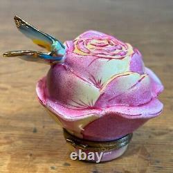 Limoges Chamart Exclusive Peint Main Butterfly On Pink Rose Trinket Box