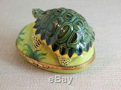 Limoges Chamart Hinged Trinket Box Large Green Turtle with Frog and Lady Bug