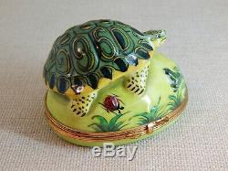 Limoges Chamart Hinged Trinket Box Large Green Turtle with Frog and Lady Bug