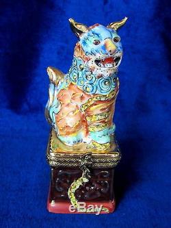 Limoges Chinese Dragon Hand Painted Foo Dog France Brand Nib Porcelain Hinged