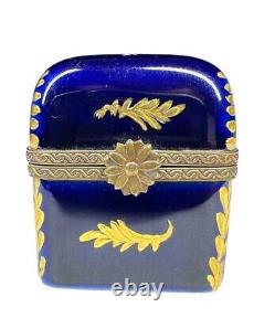 Limoges Cobalt Blue And Gilt Hand Painted Trinket Box With Flower Closure Signed