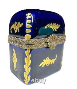 Limoges Cobalt Blue And Gilt Hand Painted Trinket Box With Flower Closure Signed