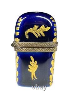 Limoges Cobalt Blue And Gilt Hand Painted Trinket Box With Flower Closure Signed