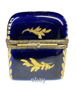 Limoges Cobalt Blue And Gilt Hand Painted Trinket Box With Flower Closure Signed