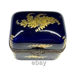 Limoges Cobalt Blue And Gilt Hand Painted Trinket Box With Flower Closure Signed