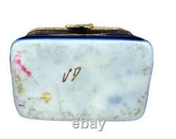 Limoges Cobalt Blue And Gilt Hand Painted Trinket Box With Flower Closure Signed