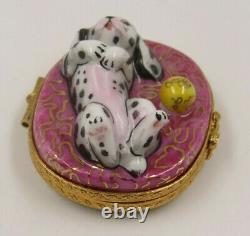 Limoges Dalmatian Puppy with Ball Peint Main France Initialed Hinged Trinket Box