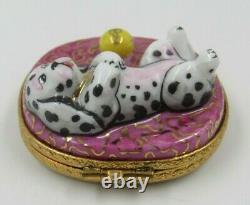 Limoges Dalmatian Puppy with Ball Peint Main France Initialed Hinged Trinket Box