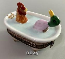 Limoges Duck and Rooster Bathtub French Box Peint Main Handmade Collector's Box