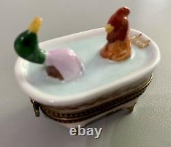 Limoges Duck and Rooster Bathtub French Box Peint Main Handmade Collector's Box