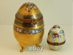Limoges Extra Large Footed Egg Shape Trinket Box Gold & Platinum Incrustation