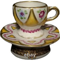 Limoges Floral Tea Cup & Saucer Trinket Box By Parry Vielle Peint Main France