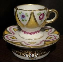 Limoges Floral Tea Cup & Saucer Trinket Box By Parry Vielle Peint Main France