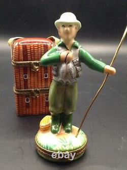 Limoges Fly Fisherman And 2 Tier Fishing Tackle Box Trinket Box