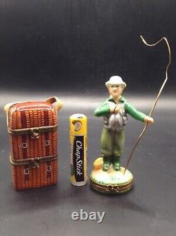 Limoges Fly Fisherman And 2 Tier Fishing Tackle Box Trinket Box