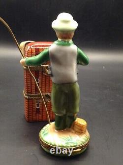 Limoges Fly Fisherman And 2 Tier Fishing Tackle Box Trinket Box