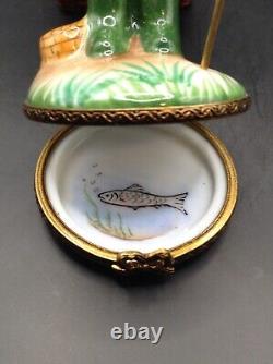 Limoges Fly Fisherman And 2 Tier Fishing Tackle Box Trinket Box