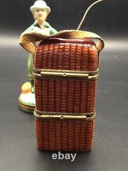 Limoges Fly Fisherman And 2 Tier Fishing Tackle Box Trinket Box