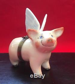 Limoges Flying Winged Pig Hand-painted Porcelain Trinket Box (3+ tall)