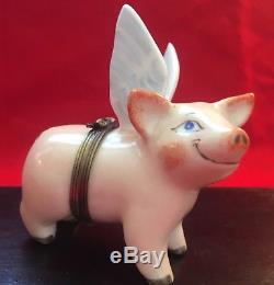 Limoges Flying Winged Pig Hand-painted Porcelain Trinket Box (3+ tall)