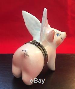 Limoges Flying Winged Pig Hand-painted Porcelain Trinket Box (3+ tall)