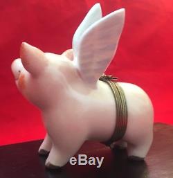 Limoges Flying Winged Pig Hand-painted Porcelain Trinket Box (3+ tall)