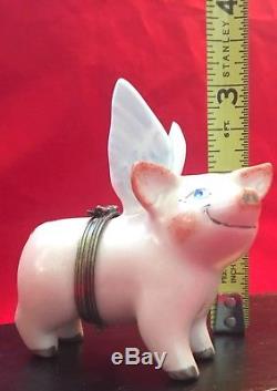 Limoges Flying Winged Pig Hand-painted Porcelain Trinket Box (3+ tall)