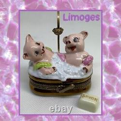 Limoges France 2 Pigs Bathing Porcelain Peint Main Box Signed Numbered