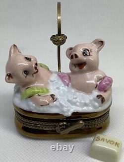 Limoges France 2 Pigs Bathing Porcelain Peint Main Box Signed Numbered