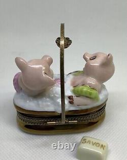 Limoges France 2 Pigs Bathing Porcelain Peint Main Box Signed Numbered