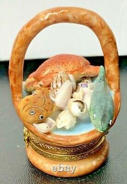 Limoges France AL Rochard Peint Main Seafood Basket Figure Porcelain Trinket Box