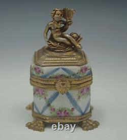 Limoges France Antique Ormolu Porcelain Figural Cherub On Dolphin Inkwell Box