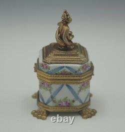 Limoges France Antique Ormolu Porcelain Figural Cherub On Dolphin Inkwell Box