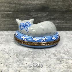 Limoges France Authentic Peint Main Porcelain Box Sleeping Cat & Mouse