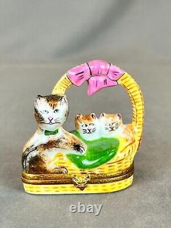 Limoges France BASKET WITH CAT & KITTENS 2 1/2 Porcelain Trinket Box MINT