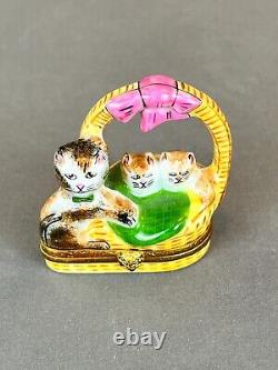 Limoges France BASKET WITH CAT & KITTENS 2 1/2 Porcelain Trinket Box MINT