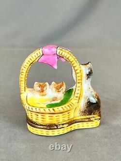 Limoges France BASKET WITH CAT & KITTENS 2 1/2 Porcelain Trinket Box MINT