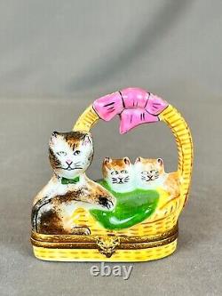 Limoges France BASKET WITH CAT & KITTENS 2 1/2 Porcelain Trinket Box MINT