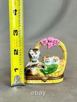 Limoges France BASKET WITH CAT & KITTENS 2 1/2 Porcelain Trinket Box MINT