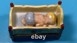 Limoges France Baby Sleeping In Cradle Trinket/Pill Box Peint Main Rochard
