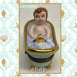 Limoges France Bath Time Baby in Tub withFish Peint A La Main Box