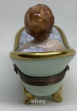 Limoges France Bath Time Baby in Tub withFish Peint A La Main Box