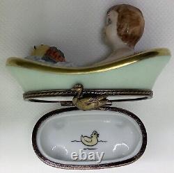 Limoges France Bath Time Baby in Tub withFish Peint A La Main Box