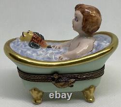 Limoges France Bath Time Baby in Tub withFish Peint A La Main Box