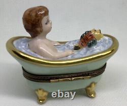 Limoges France Bath Time Baby in Tub withFish Peint A La Main Box