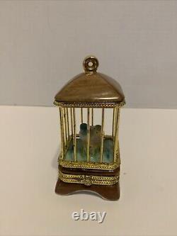 Limoges France Birdcage w Budgerigar Love Bird Parakeet Pair & Gold Trinket Box