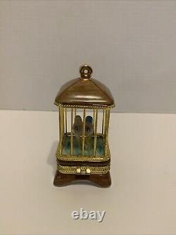 Limoges France Birdcage w Budgerigar Love Bird Parakeet Pair & Gold Trinket Box