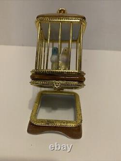 Limoges France Birdcage w Budgerigar Love Bird Parakeet Pair & Gold Trinket Box