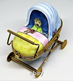 Limoges France Box Baby Carriage Baby & Pacifier Teddy Bear Clasp Pram