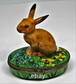 Limoges France Box- Brown Easter Bunny & Flowers -iris & Daffodil- Carrot Inside